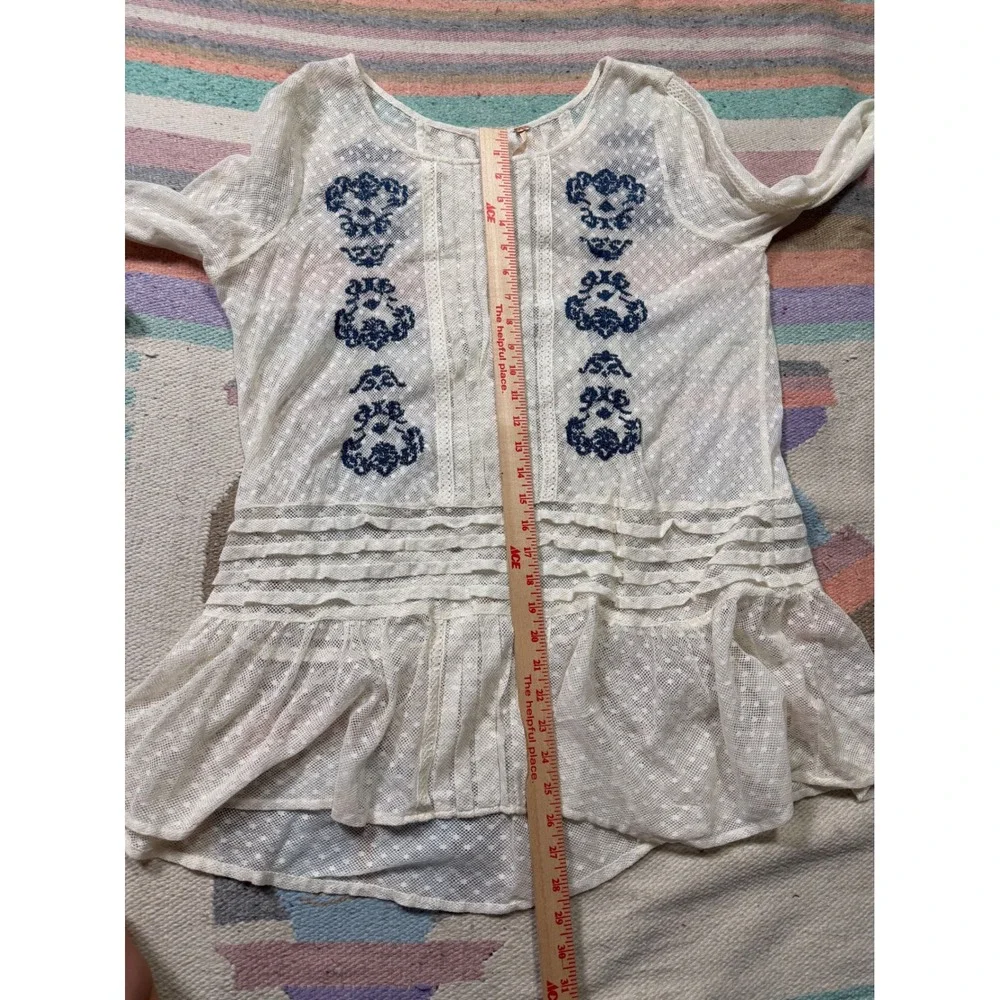 Free People Sheer Lace Embroidered Tunic Cream Blue Boho Bell Sleeve Mini Dress